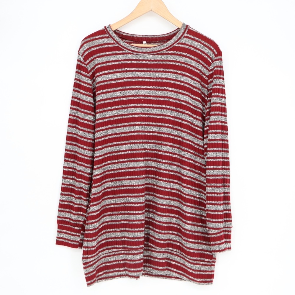 Azules Tunic Top Womens L Burgundy Gray Striped Stretch Long Sleeve Ribbed Knit